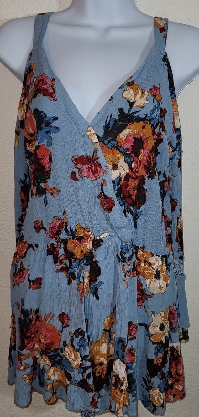 Chelesa & Violet Blue Floral Cold Shoulder Women's Short Romper L Long Sleeves